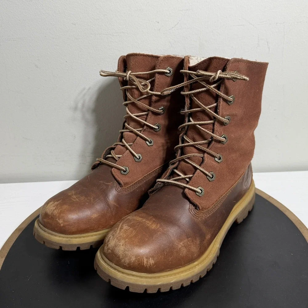 Timberland Boots Men Size 5 Brown Leather Shearling Lined Fold‎ Down Grunge